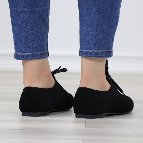 Black Faux Nubuck Lace up Flat Heel Oxford Style Shoes - Picture 7 of 12
